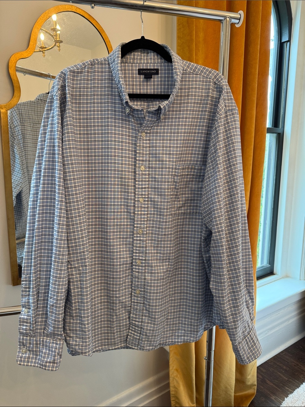 Lands' End Men's Light Blue Plaid Button-Down Shirt